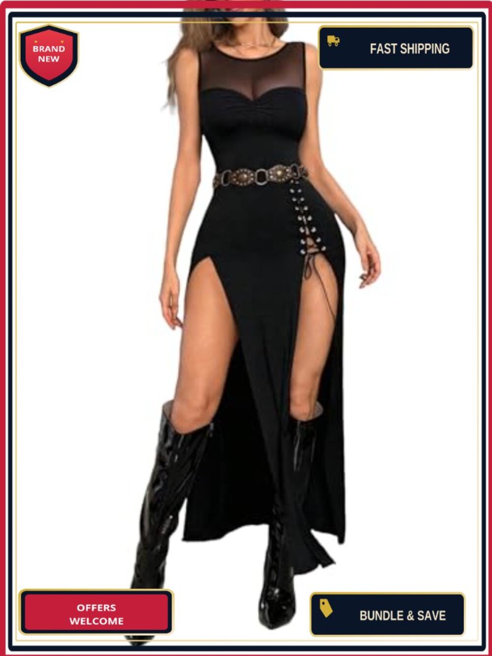 Womens Sexy Bodycon High Slit Mesh Gothic Y2K Party Midi Dress